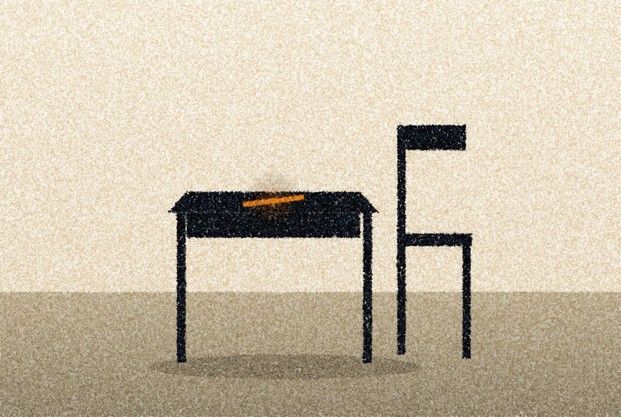 A pointillist illustration: a small wooden school desk and chair standing alone on a pale floor against a light wall, a single amber pencil on the desk.