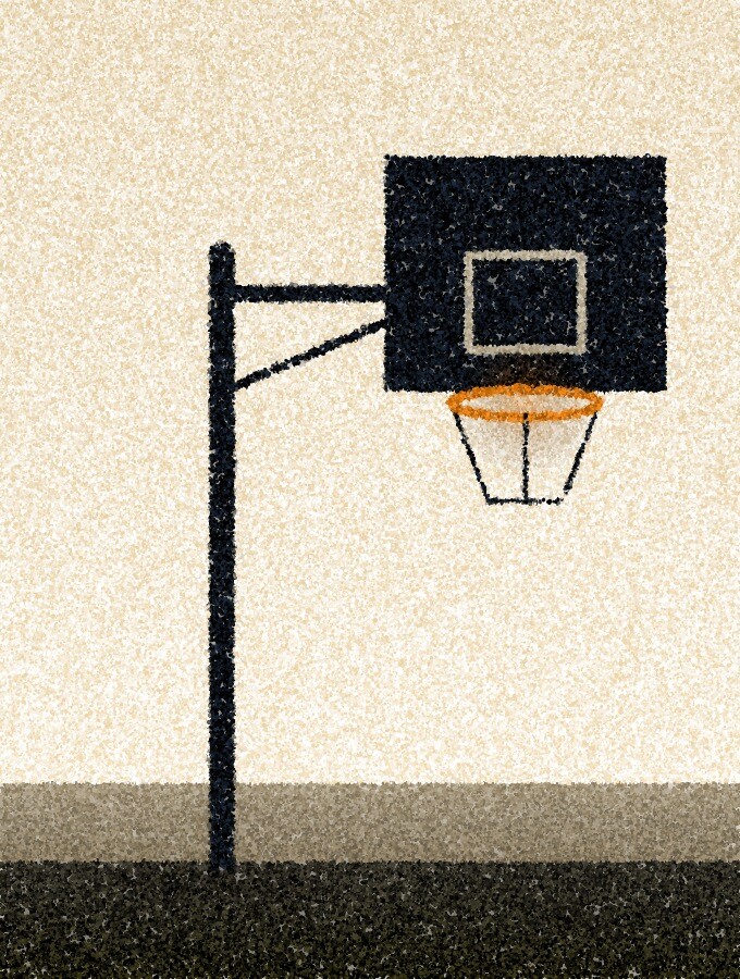 A pointillist illustration: a basketball hoop on a single post against a pale sky, its rim a thin amber ring.