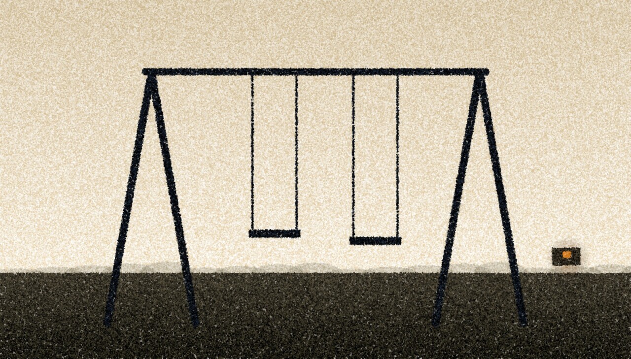 A pointillist illustration: an empty playground swing frame standing against a bright evening sky, two seats hanging still over dark ground.