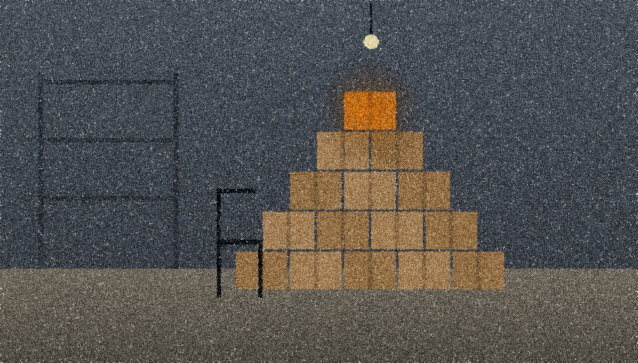 A pointillist illustration: a dim garage with cardboard boxes stacked into a pyramid on the floor, one amber box at the top under a hanging bulb.