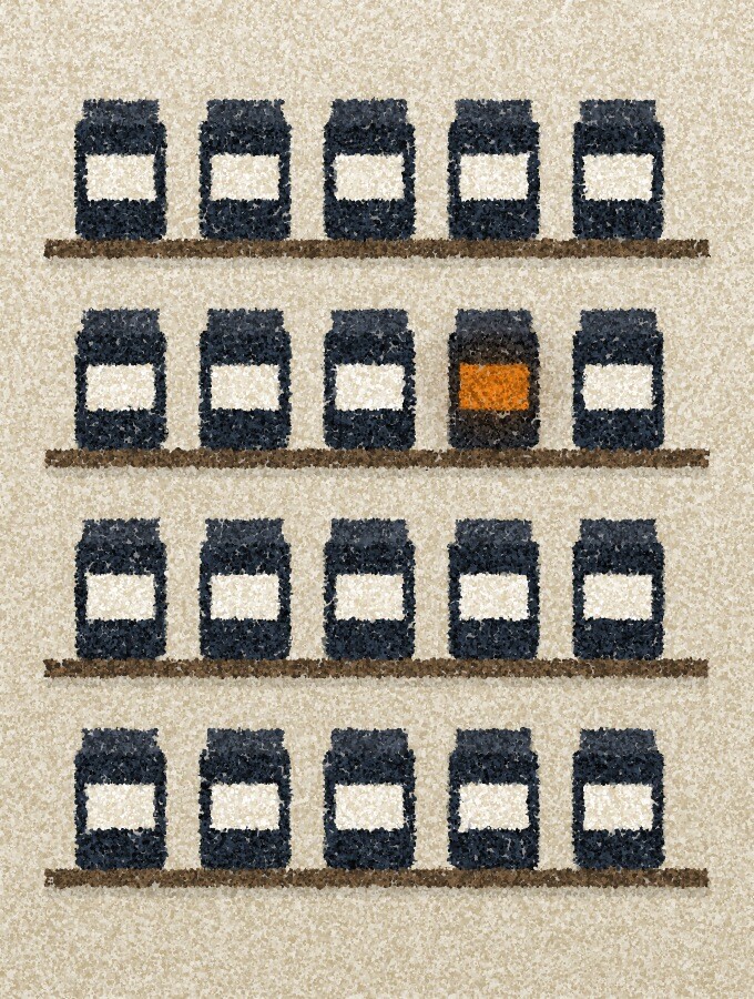 A pointillist illustration: shelves of identical dark jars with pale labels, one label glowing amber.
