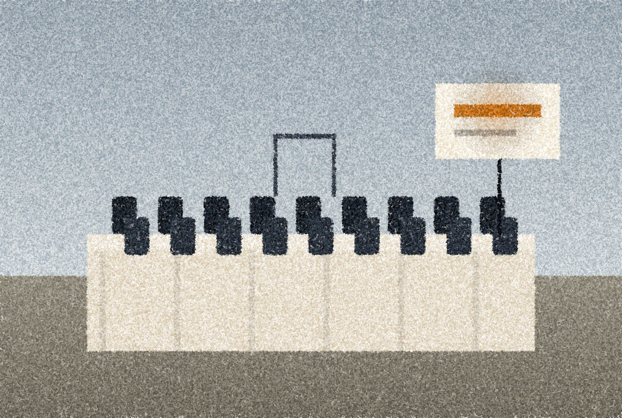 A pointillist illustration: a folding stall table lined with rows of small dark bottles, a blank sign with an amber band on an easel beside it.