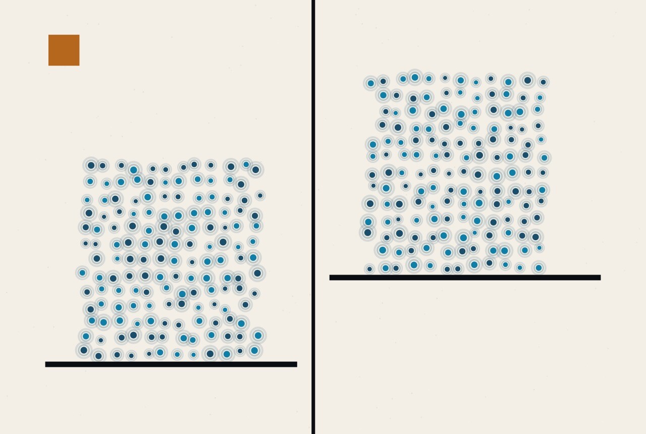 An abstract illustration in dots and straight lines: two equal columns of dots side by side, each resting on a horizontal rule, with the rule under the right-hand column drawn noticeably higher than the one on the left.