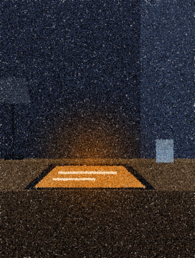A pointillist illustration: a phone lying on a bedside table at night, its screen glowing amber with a short message.