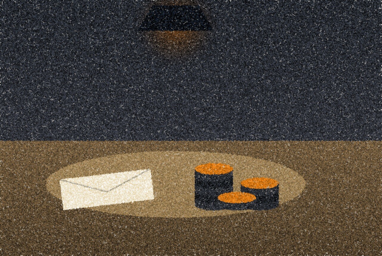 A pointillist illustration: a small stack of coins and a folded envelope on a worn counter, lit by a single lamp.