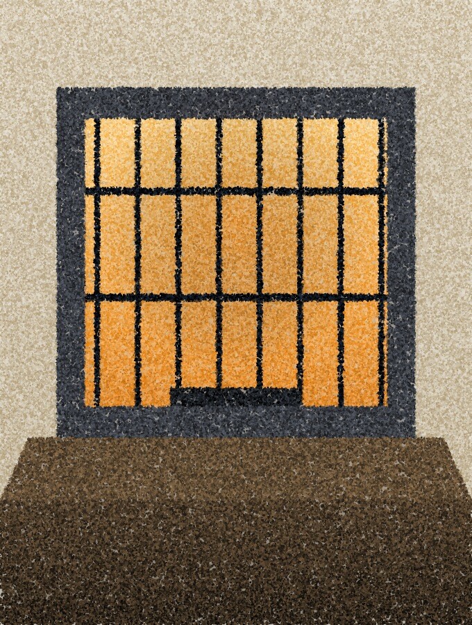 A pointillist illustration: a small cashier&rsquo;s window with a dark metal grille, a counter below and a warm light behind the glass.