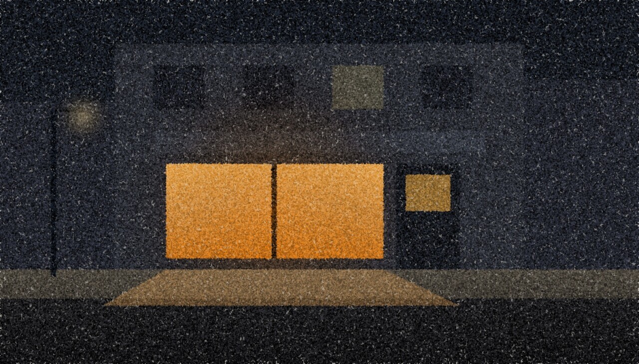 A pointillist illustration: a small shopfront at night on an empty street, its window glowing amber under a dark sky.