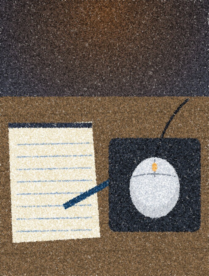 A pointillist illustration: a close view of a computer mouse on a desk beside a notepad, with a thin amber glow from an unseen screen.