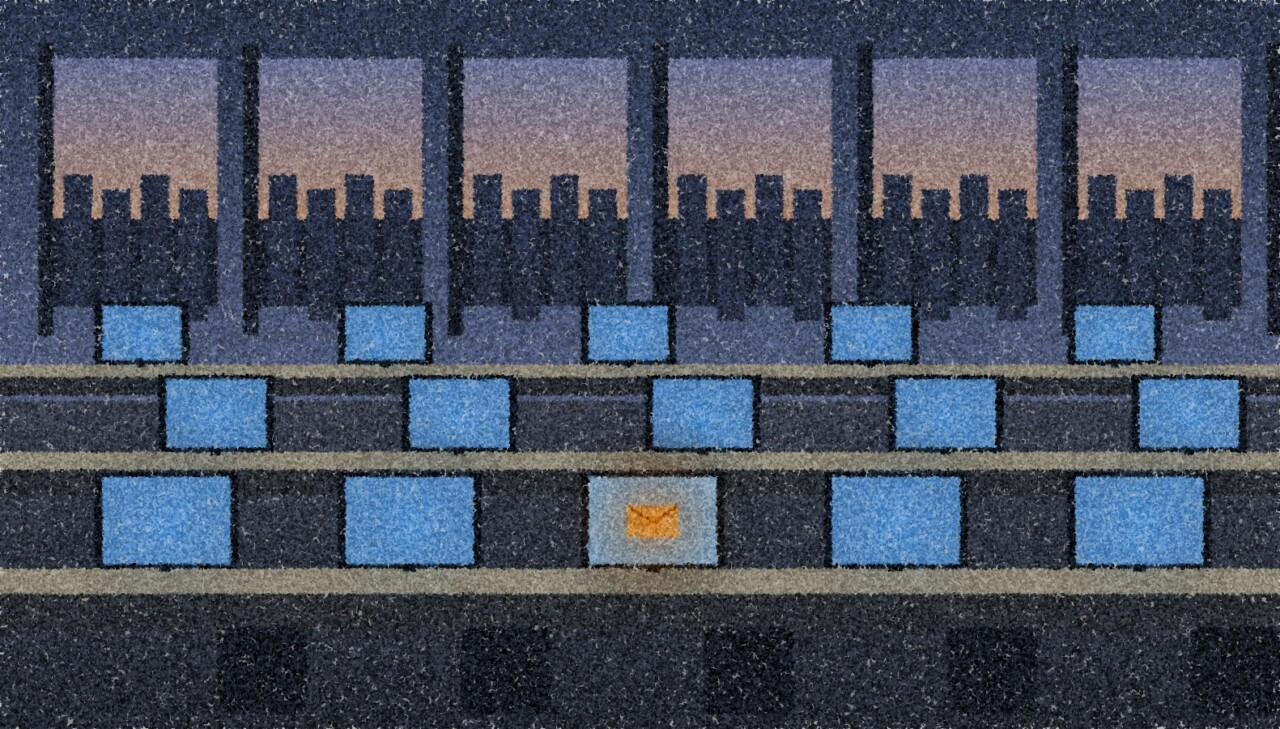 A pointillist illustration: a row of office desks at dusk with monitors glowing blue, one screen showing a small amber envelope icon.