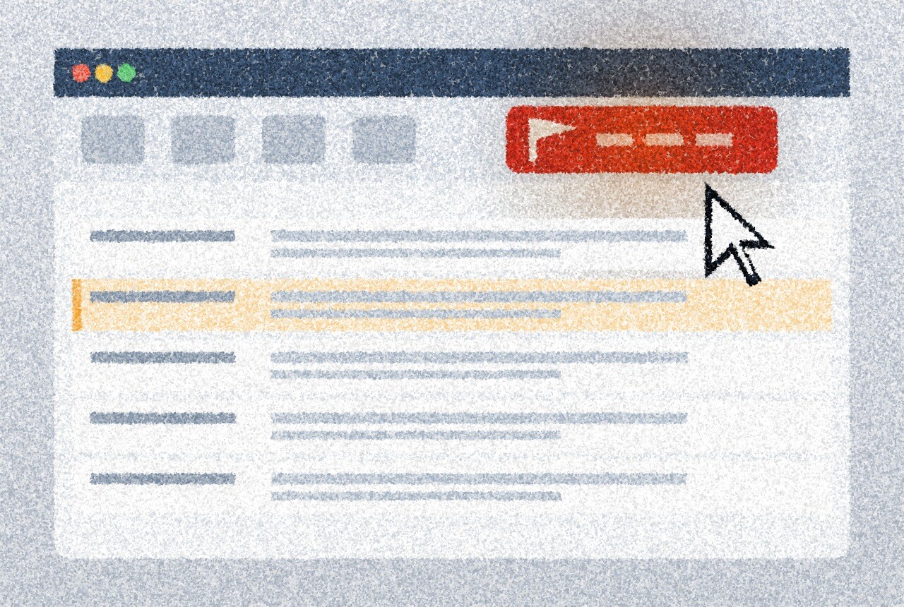 A pointillist illustration: a large red report button on an email toolbar with a mouse cursor hovering beside it and one message highlighted in amber.