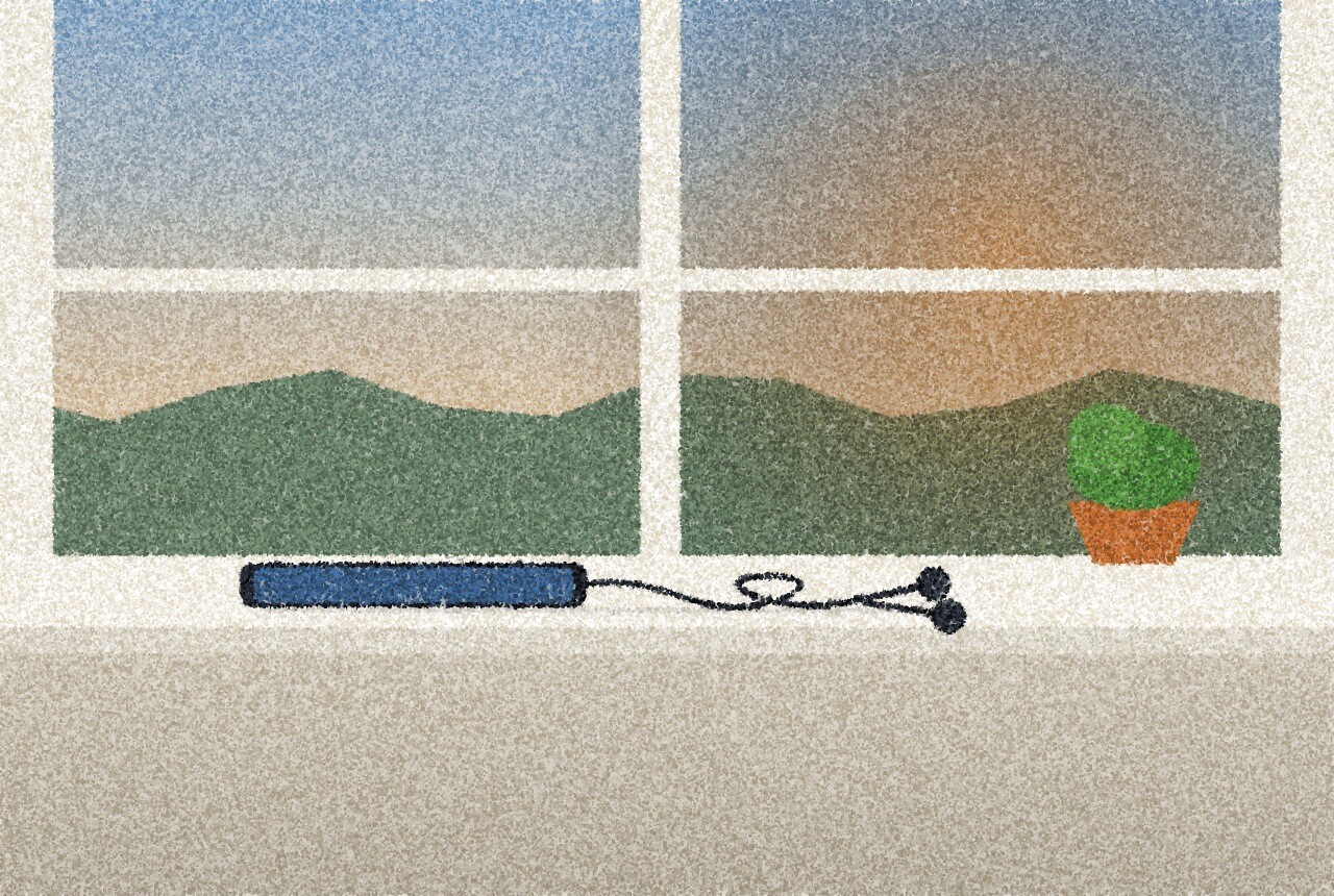 A pointillist illustration: a smartphone lying on a windowsill with black wired earphones plugged in, soft amber evening light through the window.