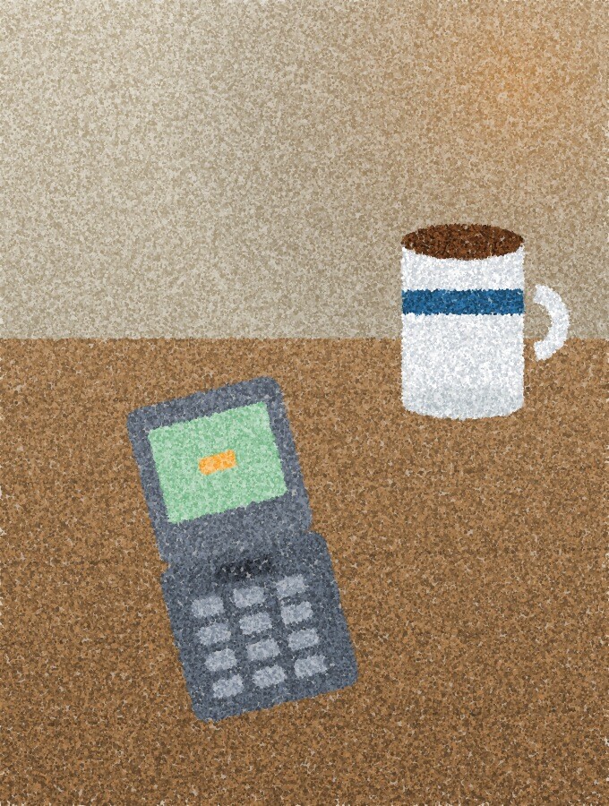 A pointillist illustration: an old folding mobile phone lying open on a kitchen table beside a mug, lit by a small amber lamp.