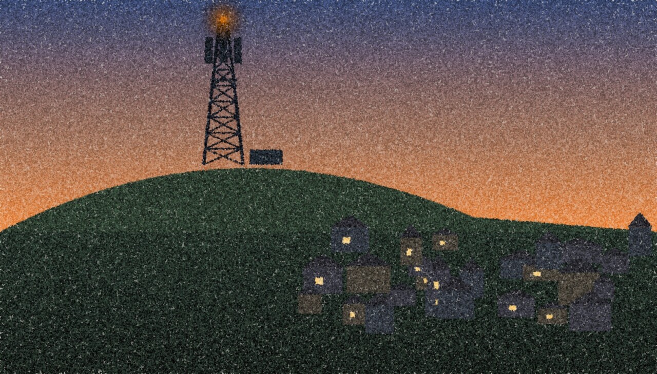 A pointillist illustration: a mobile phone mast on a hill above a small town at dusk, antennas silhouetted against an orange sky, one small amber warning light on top.