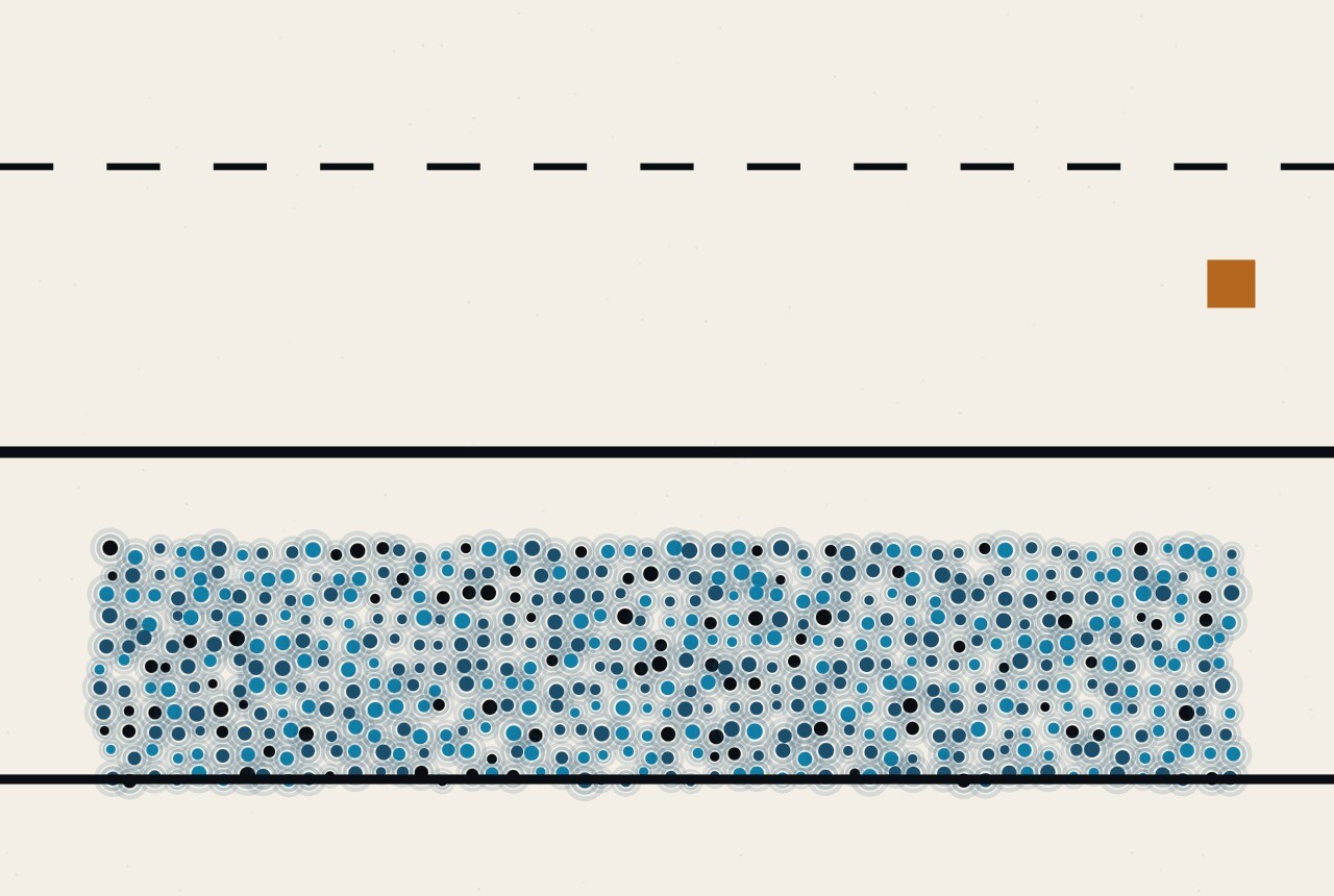 An abstract illustration in dots and straight lines: a broad band of dots stopping short of a solid horizontal rule, with a second, broken rule far above that nothing comes near.