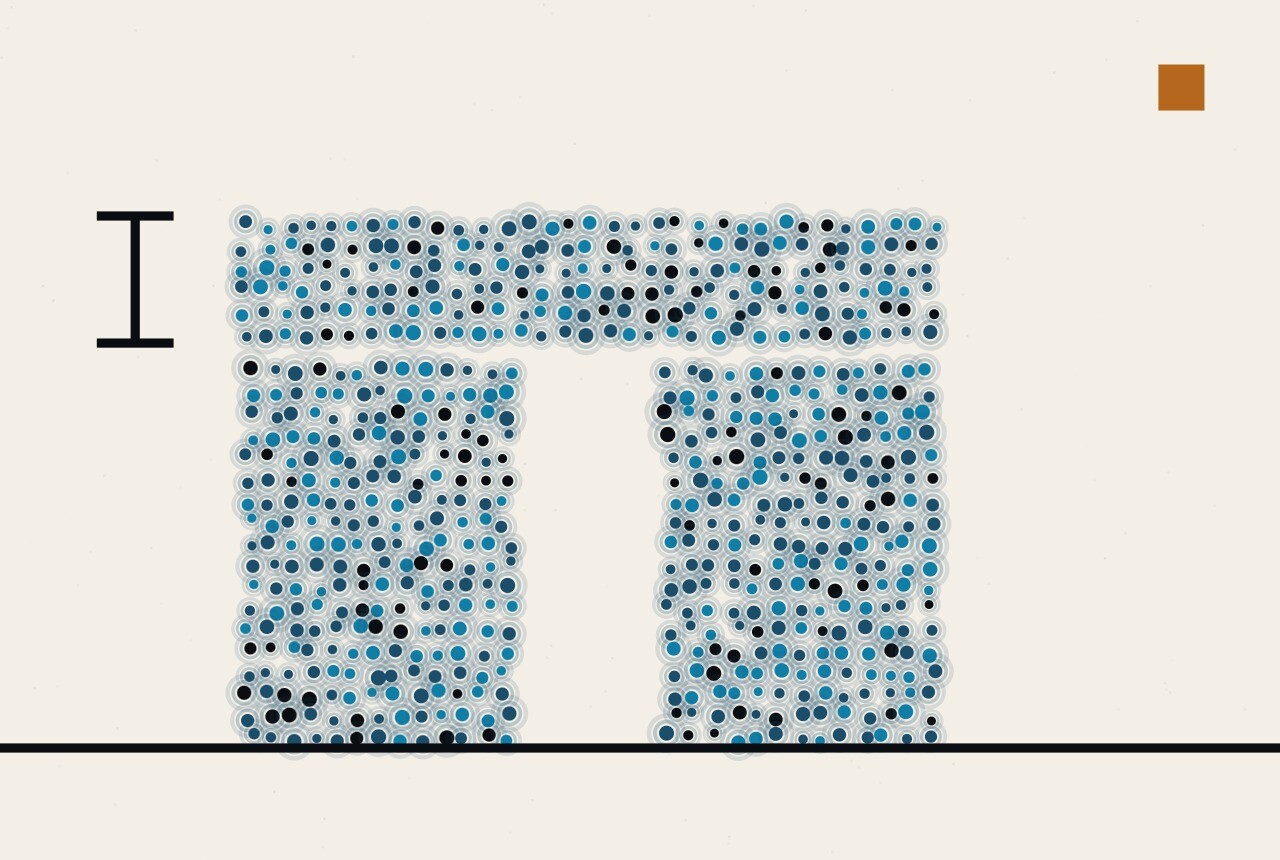 An abstract illustration in dots and straight lines: two separate columns of dots rising into one continuous band across the top, with a single measuring mark set beside it.