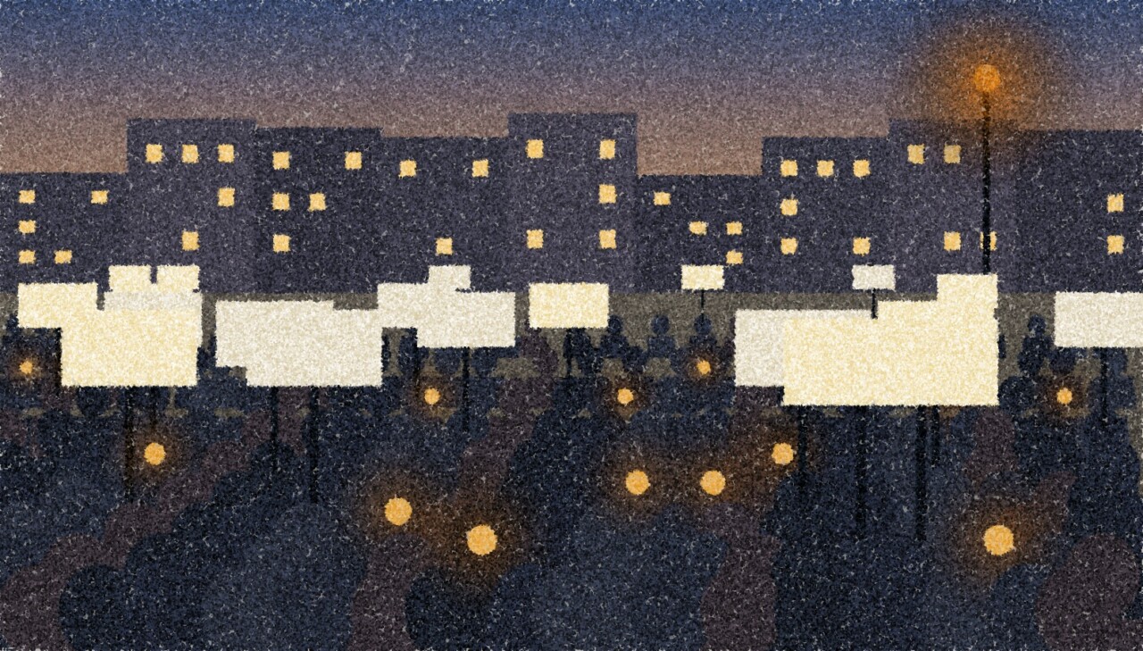 A pointillist illustration: a wide city square at dusk filled with a large peaceful crowd holding plain signs and lights, one amber streetlamp above.
