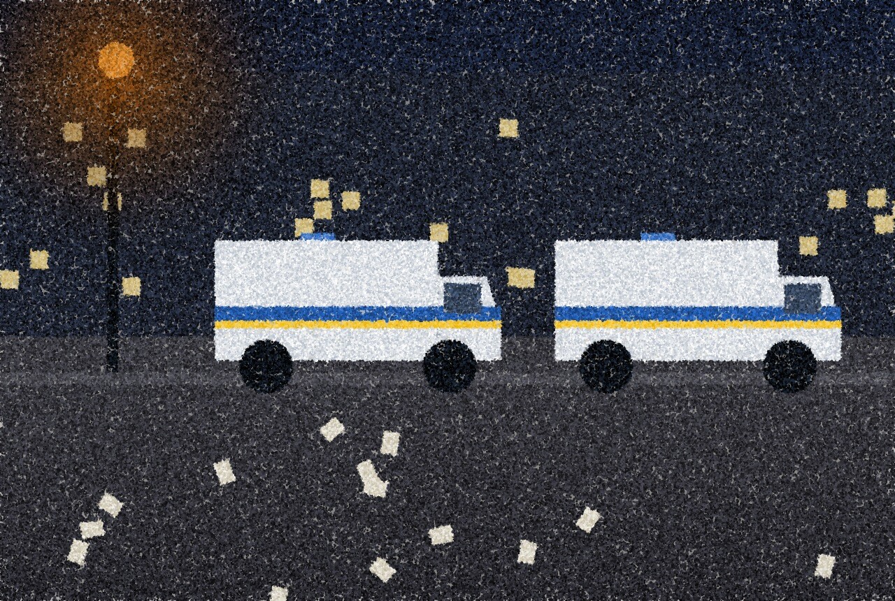 A pointillist illustration: a quiet street after a protest at night, a line of police vans parked along the kerb and scattered leaflets on the ground, one amber streetlight.