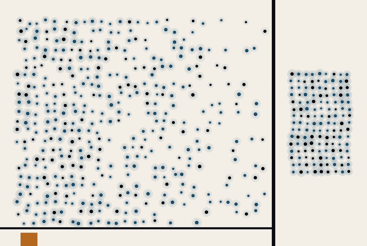 Abstract composition: a broad field of dots thinning steadily towards one edge where a ruled line marks a boundary the thinning does not cross.