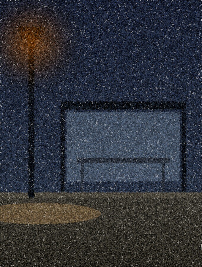 A pointillist illustration: a bus shelter beside a lamppost on a dark street corner, the lamp glowing amber above an empty pavement.