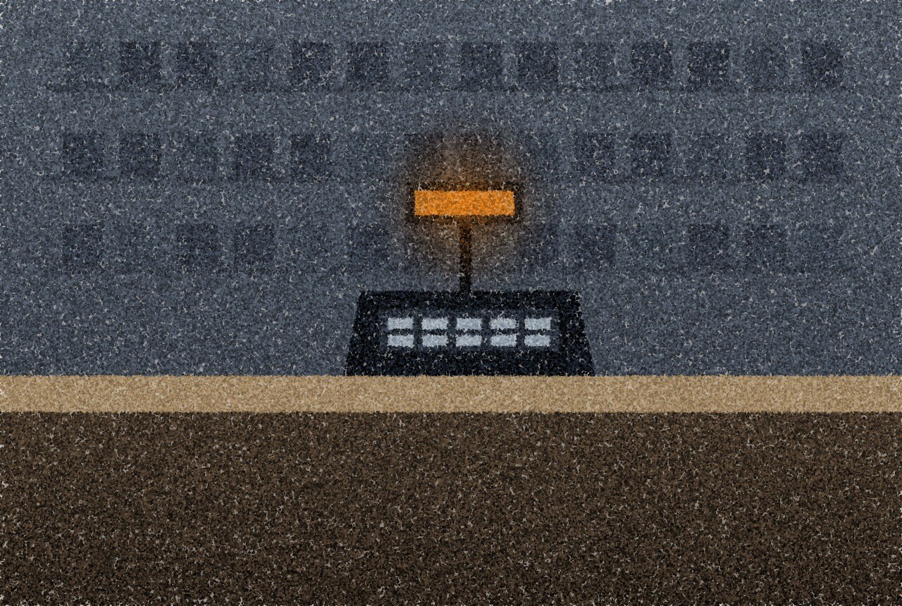 A pointillist illustration: a shop counter at night with a cash register, its small display glowing amber, shelves dim behind it.