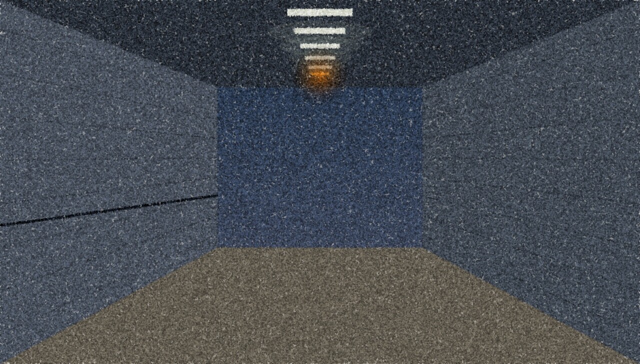 A pointillist illustration: an empty pedestrian underpass at night, its tiled walls lit by a line of lamps, one lamp glowing amber at the far end.