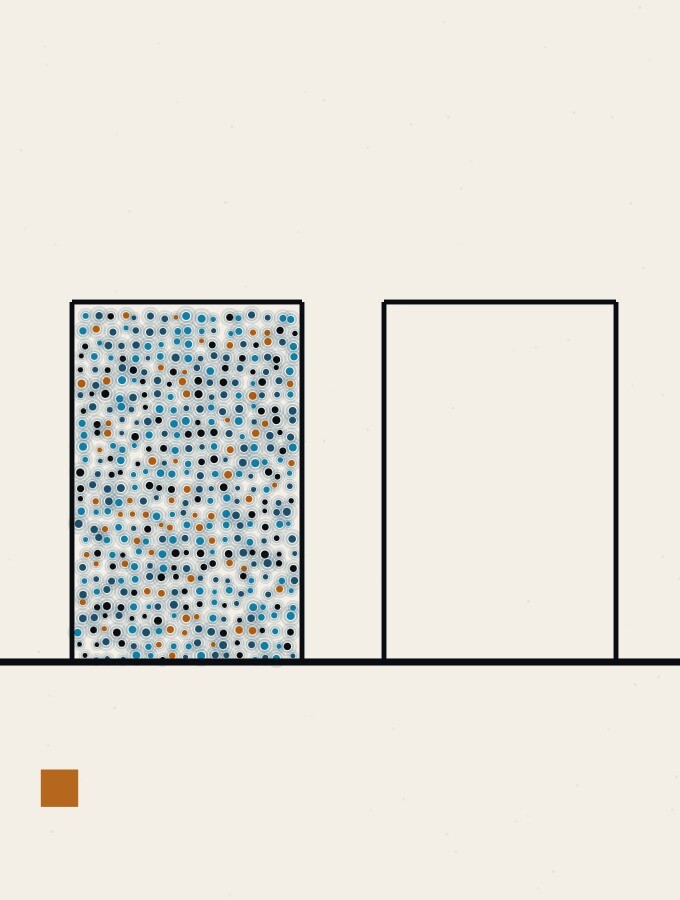 An illustration in dots and straight lines: a solid block standing on a hard horizon beside an empty outline of the same block.