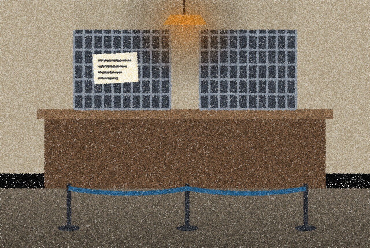 A pointillist illustration: a bank counter with closed grilles and a small handwritten notice, a queue barrier in front and a single amber lamp above.