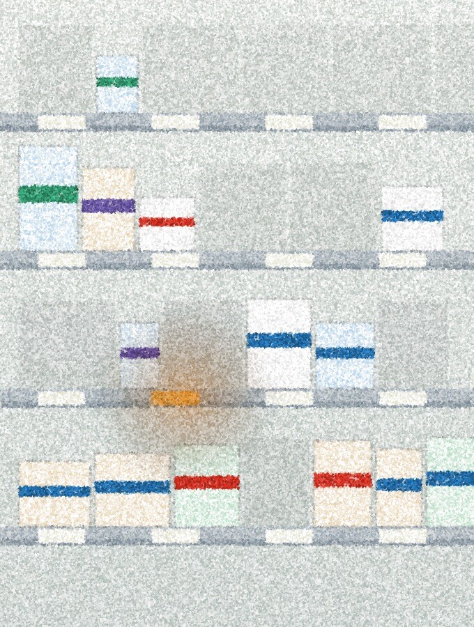 A pointillist illustration: a pharmacy shelf with several empty gaps between a few boxes of medicine, a small amber price label on one box.