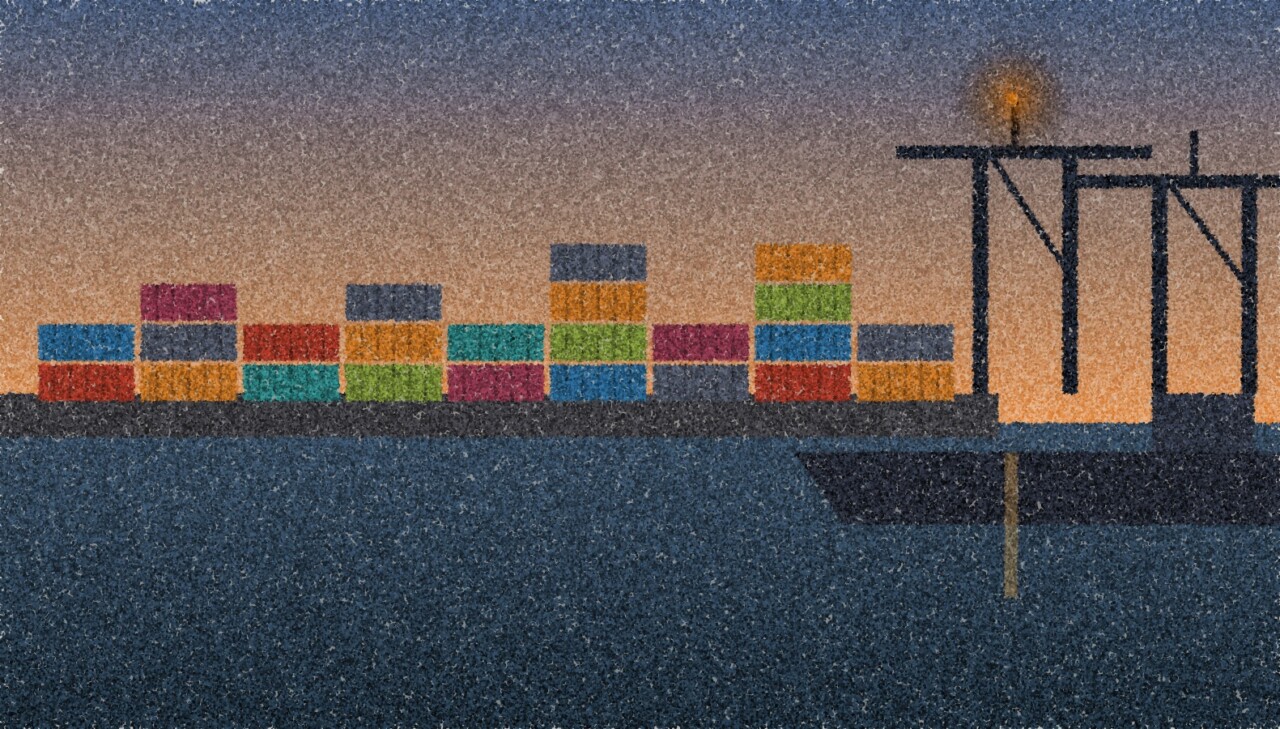 A pointillist illustration: a quiet container port at dusk with stacked containers and idle cranes, one crane light glowing amber over dark water.