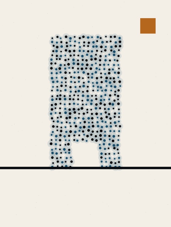 A pointillist illustration in a surreal style: a tall dark rectangular slab standing upright on a bright plain, with a small bright gap near its base through which the horizon continues.