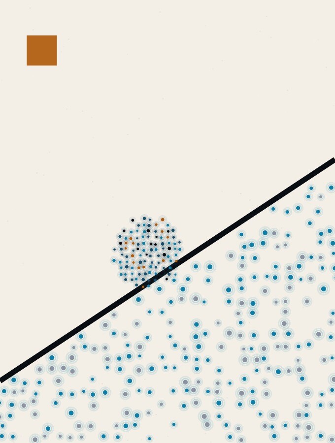 A pointillist illustration in a surreal style: a steep bright slope rising to the right with a single small dark sphere stopped part-way up it, casting a long shadow down the incline.