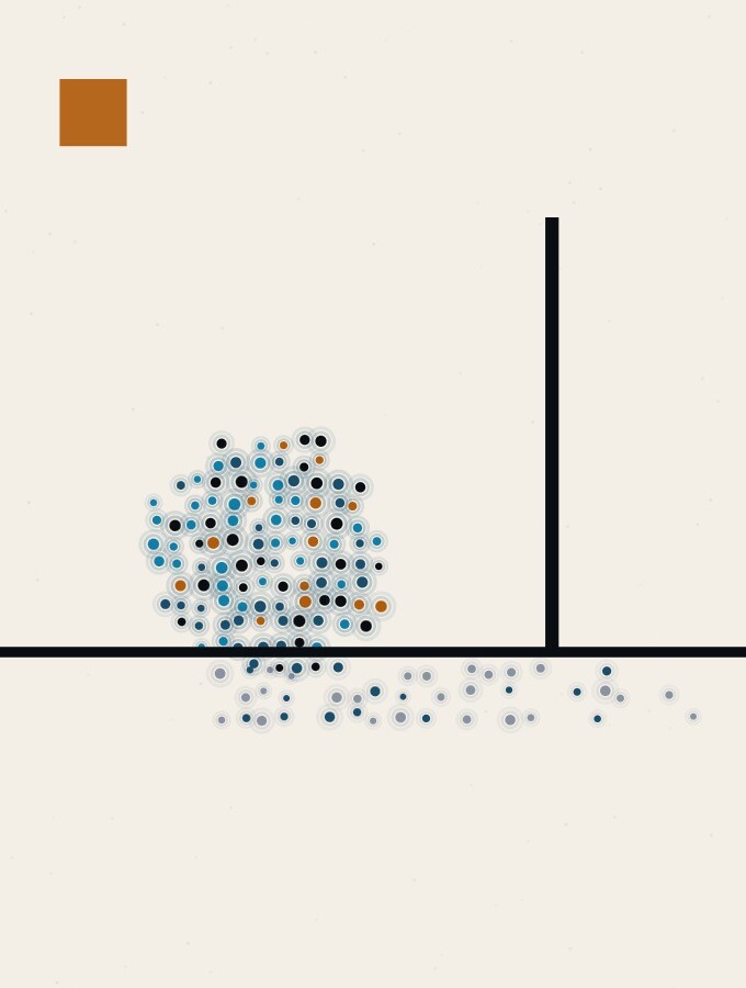 A pointillist illustration in a surreal style: a bright sphere resting exactly on a firm horizon line, with a thin dark vertical post rising beside it and a long, low shadow stretching away.