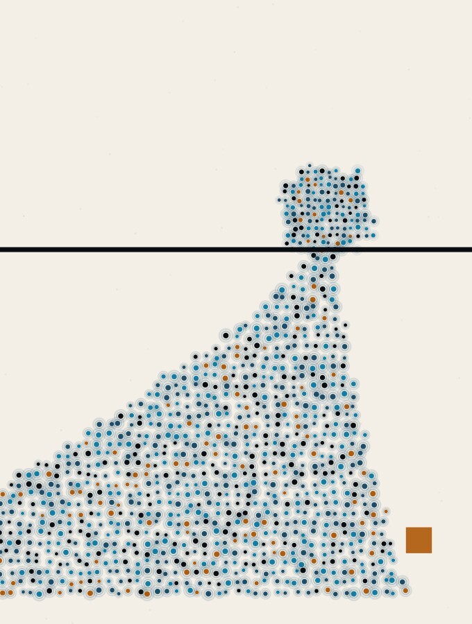 An illustration in dots and straight lines: a small object casting a shadow far larger than itself across a flat plane.