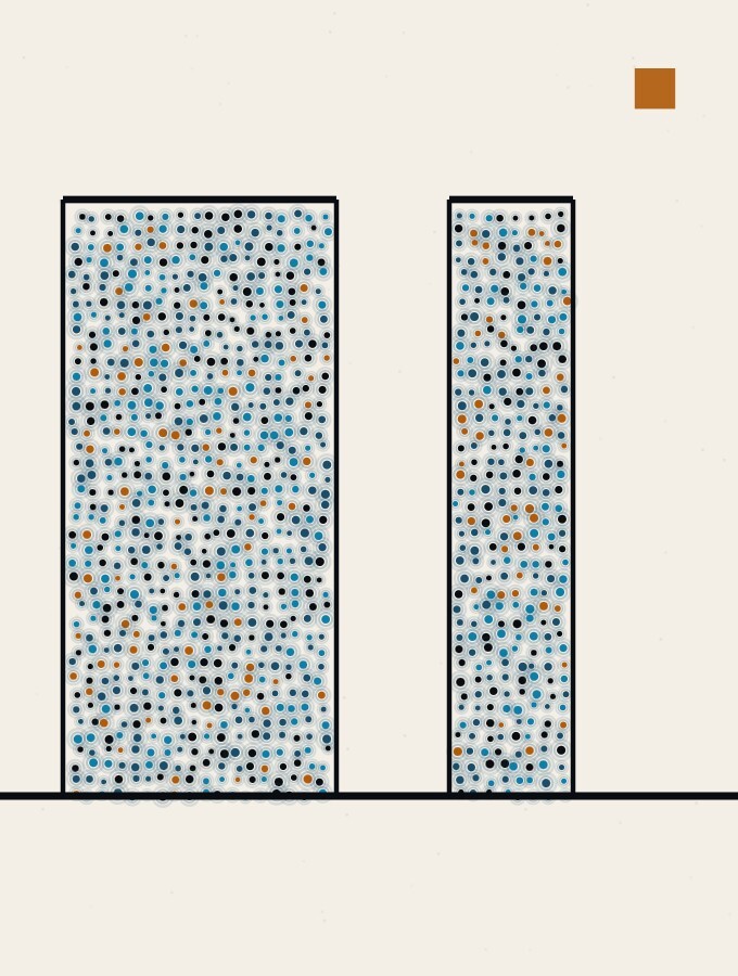 An illustration in dots and straight lines: two identical doorways on a hard horizon, one of them noticeably narrower than the other.