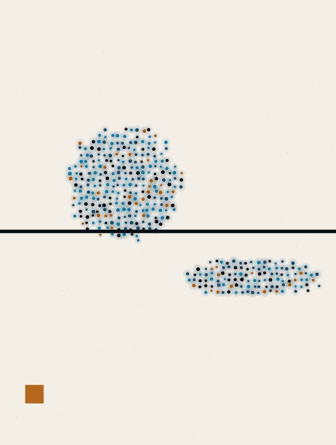 An illustration in dots and straight lines: a sphere resting on a hard horizon with its shadow falling in the wrong direction.