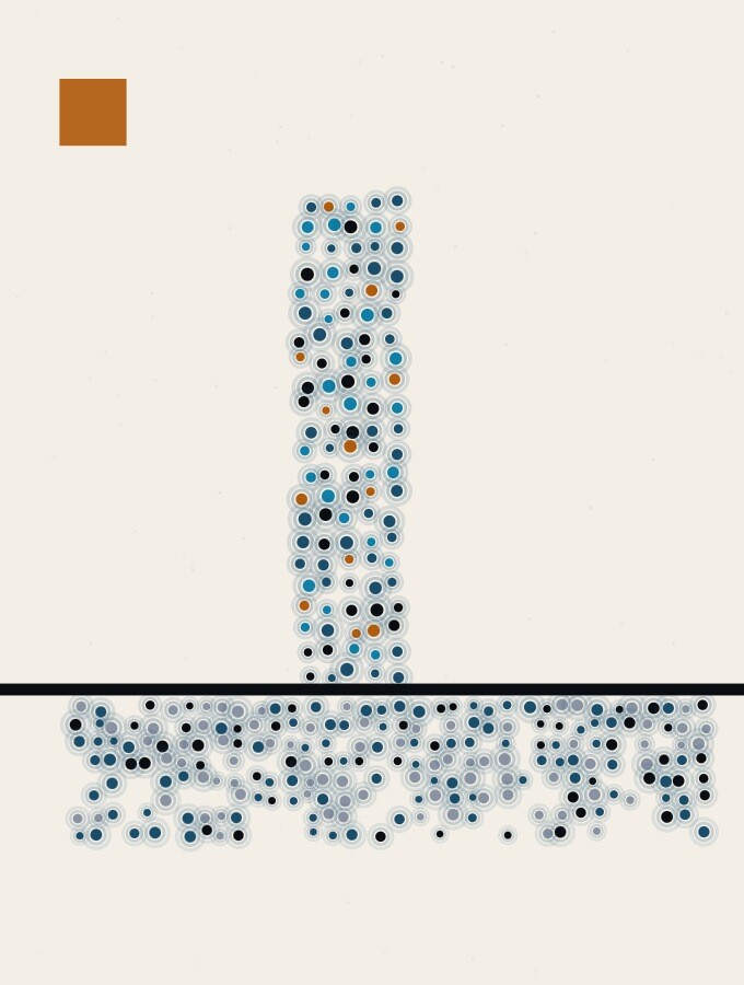 A pointillist illustration in a surreal style: a single tall column standing on a dark horizon line, with a band of dots spread beneath it far wider than the column itself.