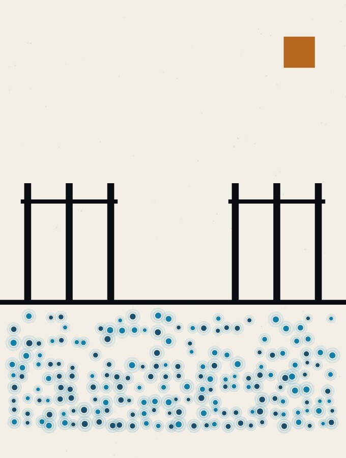 A pointillist illustration in a surreal style: a low fence of vertical posts crossing a bright, flat plain, with an open gap in the middle of it.