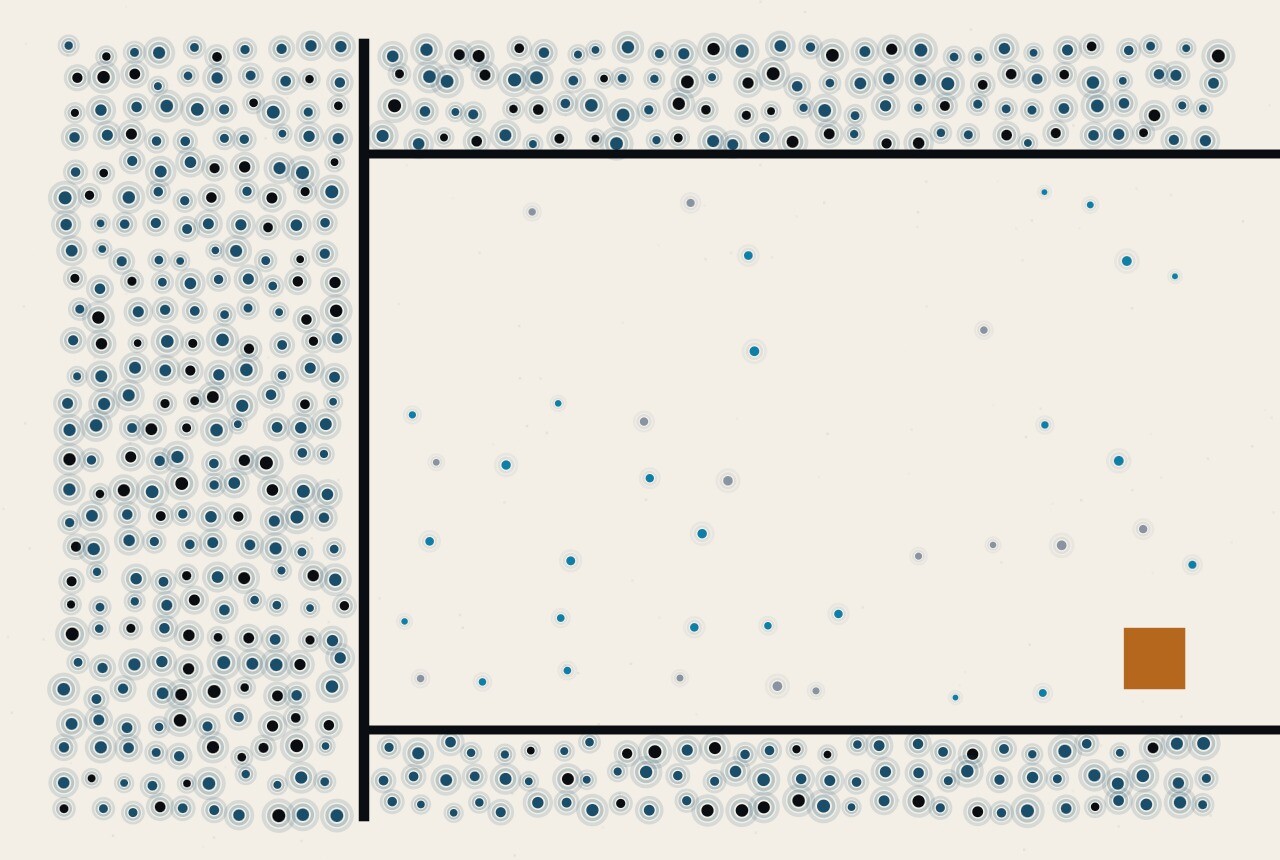 Abstract composition of dots and ruled lines: a dense outer band of dots separated by a rule from a pale inner field, most of the density lying outside the line.