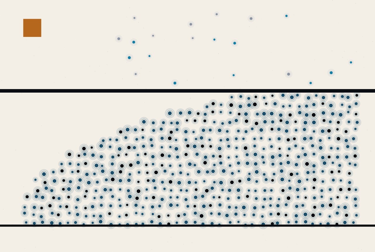 Abstract composition: a field of dots climbing steeply from the left and then cut off flat by a heavy horizontal rule, with sparse dots scattered above it.