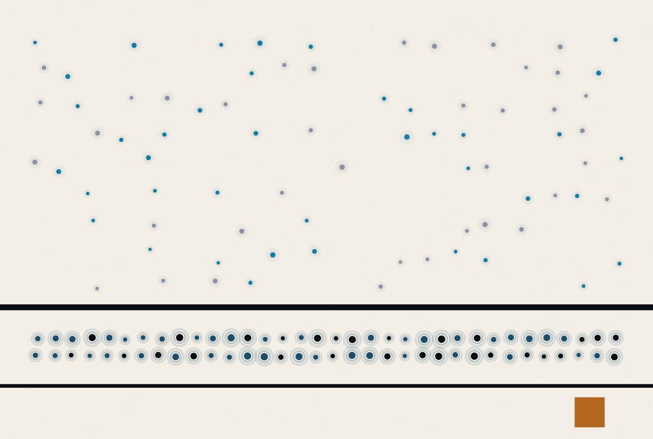 Abstract composition: a thin regular row of dots along the foot of the frame beneath a much larger sparse field, divided by two ruled lines.