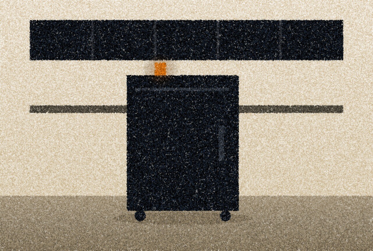 A pointillist illustration: a metal airline service trolley standing in a narrow galley under a row of dark lockers.