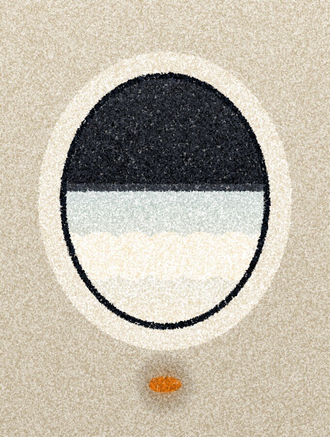 A pointillist illustration: an oval aircraft window, its shade half raised, showing bright cloud outside.