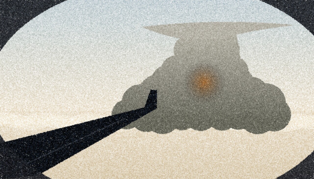 A pointillist illustration: the wing of an airliner seen from a cabin window, with a towering thunderstorm cloud rising in the distance.