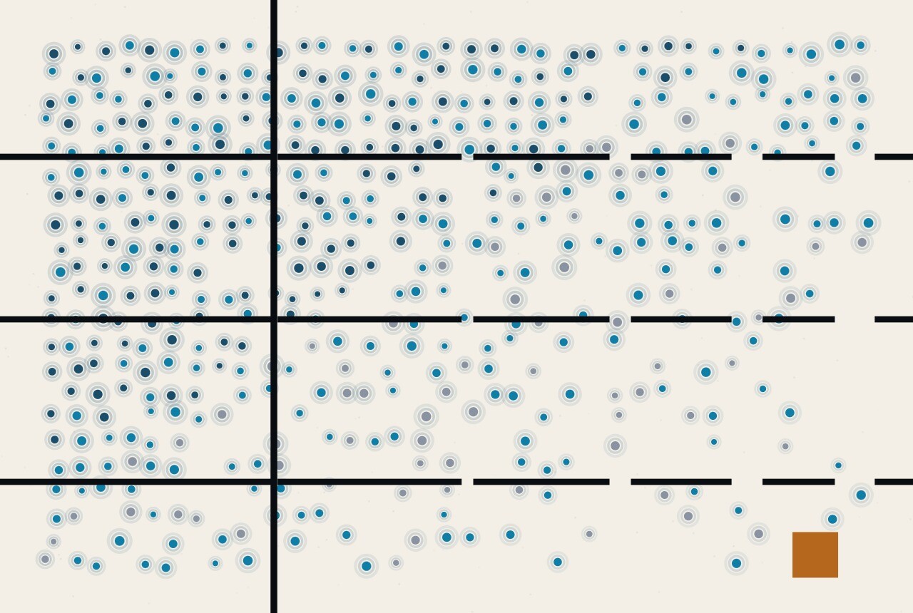 Abstract composition: a regular field of dots crossed by ruled lines that break into shorter and shorter segments towards one corner, where the dots also thin out.
