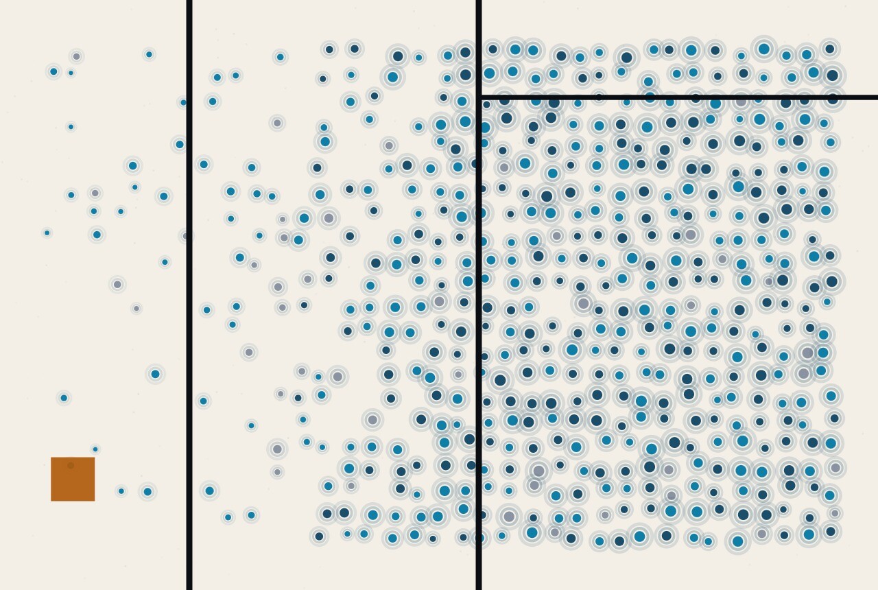 Abstract composition of dots and ruled lines: density rising steeply through the left of the frame and then flattening into an almost unchanging field on the right.
