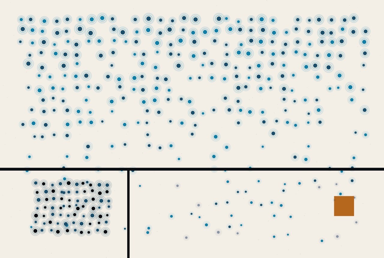 Abstract composition of dots and ruled lines: a dense field falling from the top of the frame, with a small tightly packed square at the foot.