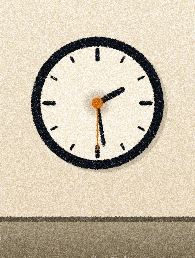 A pointillist illustration: a round wall clock with dark hands, set on a pale hospital wall above a strip of skirting.