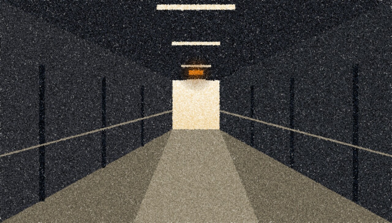 A pointillist illustration: a long, empty hospital corridor at night, ceiling lights receding to a single lit doorway.