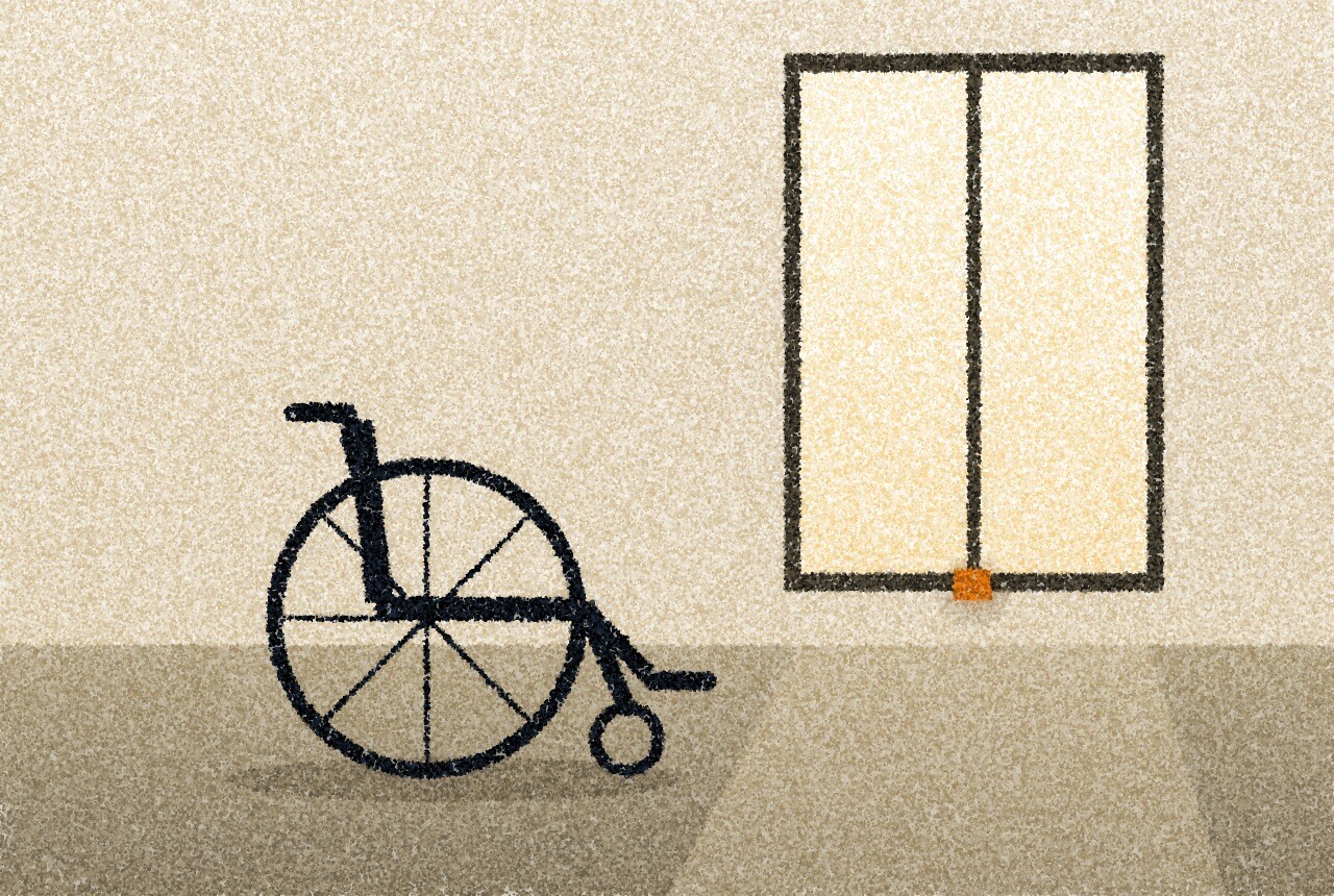 A pointillist illustration: an empty wheelchair parked beside a tall bright window in a quiet ward.