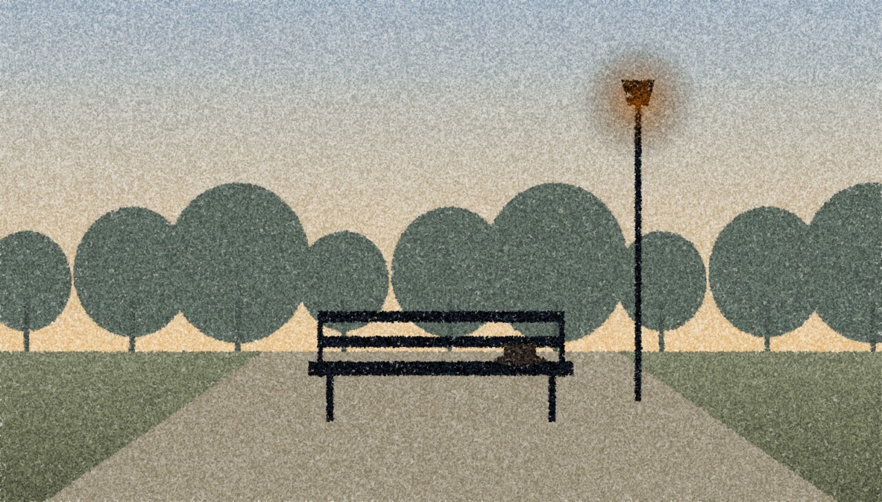 A pointillist illustration: an empty park bench at dusk under an amber lamp, a hat left on one end, trees in the distance.